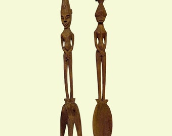 Vintage XL Fork and Spoon Wall Decor Retro 1960s Mid Century Modern + African + 30.5" H + Brown Wood + Hand Carved + MCM Kitchen + Oversized