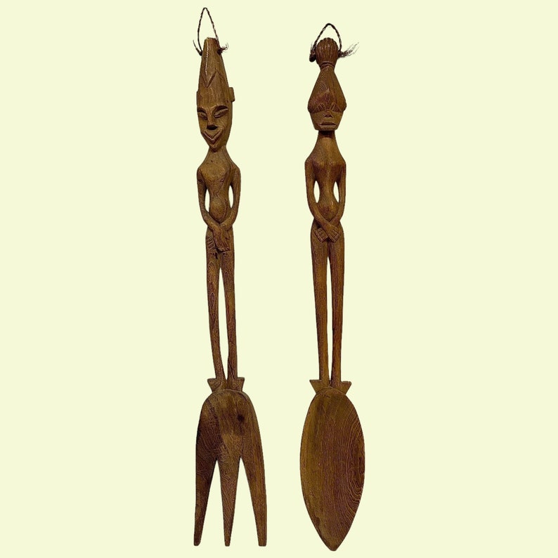 Vintage XL Fork and Spoon Wall Decor Retro 1960s Mid Century Modern African 30.5 H Brown Wood Hand Carved MCM Kitchen Oversized image 1