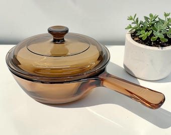 Vintage Vision Sauce Pan w/ Lid 1980s Retro Size 0.5 Liter + Amber Brown + Glass + 2 Piece + Non-Toxic + Clean Cookware + Kitchen + Stovetop