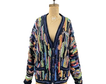 Vintage Coogi Cardigan Retro 1990s Unisex + Size Large + 100% Cotton + Multi-Color + Button Up + Long Sleeve + Deep V + Sweater + Apparel