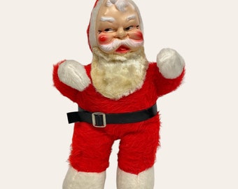 Vintage Santa Claus Music Playing Plush Toy Retro 1950s Atomic + Christmas Decor + Fabric Body + Rubber Face + Wind Up + Plays Jingle Bells