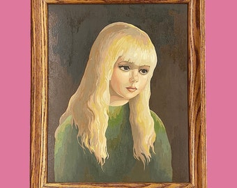 Vintage Portrait Painting 1970s Retro Size 23x19 Mid Century Modern + Young Blonde Girl + Acrylic + On Hardboard + Framed + MCM Wall Art