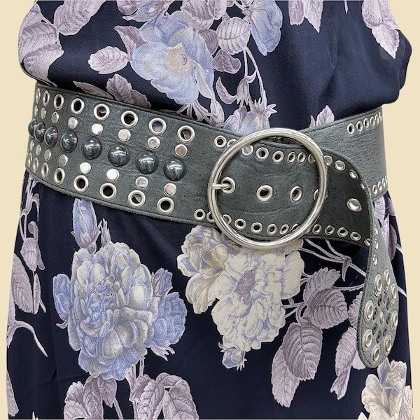 Vintage Studded Hip Belt 2000s Retro Womens + No Size Tag + Biker Style + Dark Gray Leather + Silver Metal Studs and Grommets + Adjustable