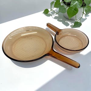 Vintage Vision Glass Frying Pans Retro 1980s Corning + Set of 2 + 7" and 10" + Amber + Waffle Bottoms + Kitchen Skillet + Clean Cookware