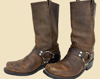 Vintage Double H Harness Boots Retro 2000s Western + Mens Size 9 EE (Extra Wide) 4004 + Brown Leather + 2" Heel + Square Toe + Pull On Biker