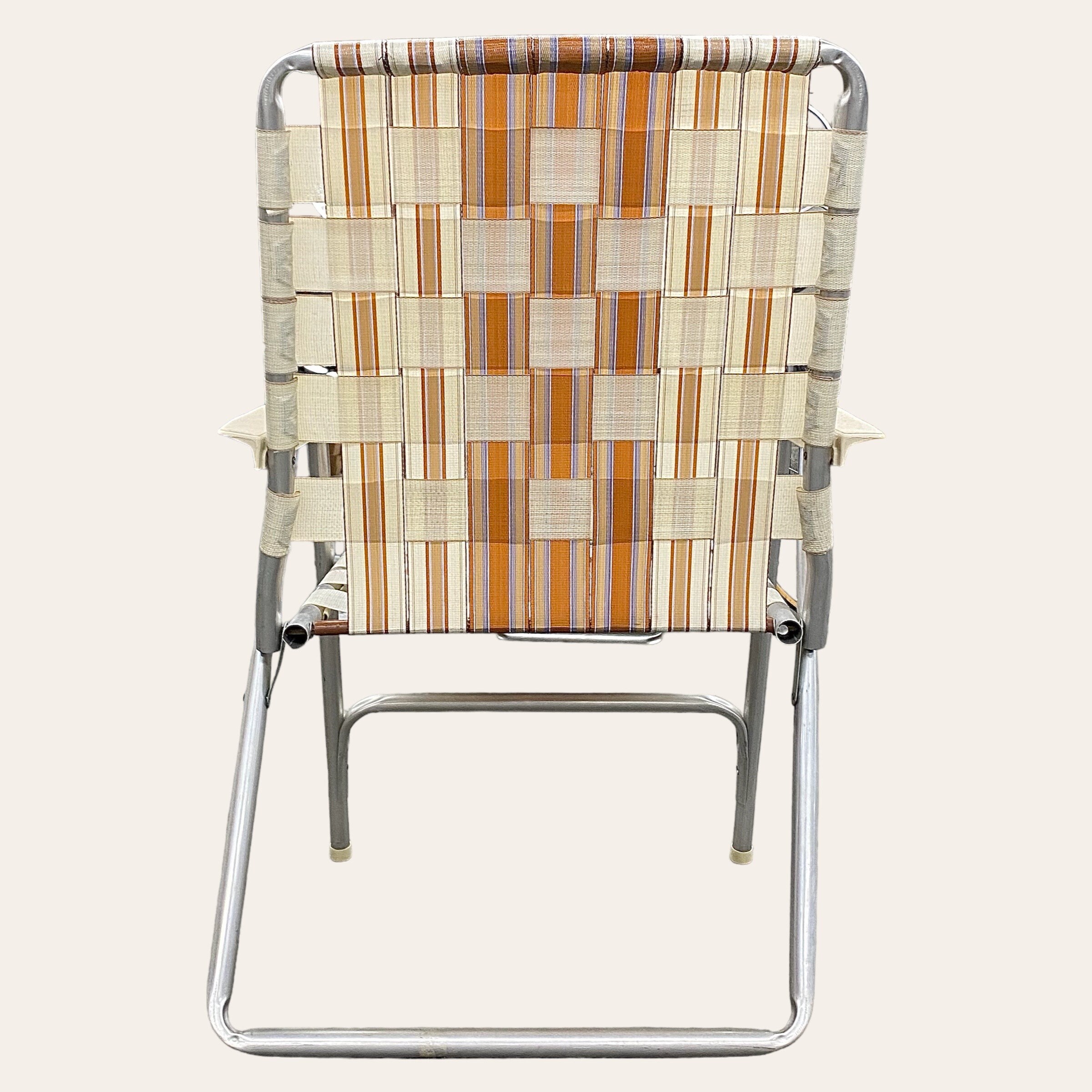 Vintage Lawn Chair Retro 1980s Outdoor Patio Seating Cream Brown Blue Webbed Straps Silver Aluminum Frame Plastic Armrests Fold Up Etsy