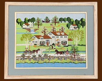 Vintage Fox Hill Farm Crewel 1980s Retro Size 20x24 + Farmhouse + Amish + Lancaster, PA + Charles Wysocki + Handmade Embroidery + Wall Art