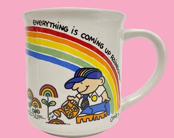 Vintage Rainbow Mug Retro 1980s Everythings Is Coming Up Rainbows + Ozzie Cartoon + W. Berrie + White + Ceramic + Positive Outlook + Kitchen
