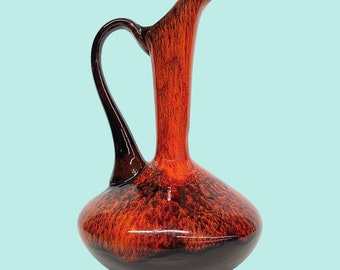 Vintage Vase Retro 1960s Mid Century Modern + Ceramic + Red and Black + Drip Glaze + Handled + MCM Home Decor + Bookshelf Decoration