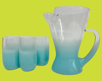 Vintage Blendo Pitcher and Glasses Retro 1960s Mid Century Modern + Blue Ombre + Clear Glass + 6 Piece + West Virginia Glass Comp + Barware