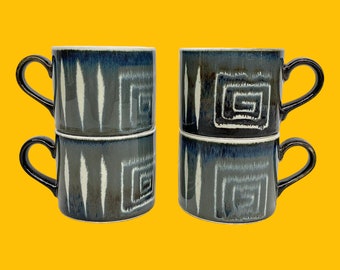 Vintage Mikasa Mugs Retro 1990s Contemporary + Potters Craft + Firesong + HP300 + Set of 4 + Ceramic + Blue/Gray + Kitchen + Made in Japan