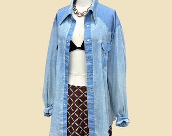 Vintage Sears Western Wear Button Down 1970s Retro Unisex Size Tall X-Large + Blue + Cotton Mix + Pearl Snap Buttons + L/S + Pointed Collar