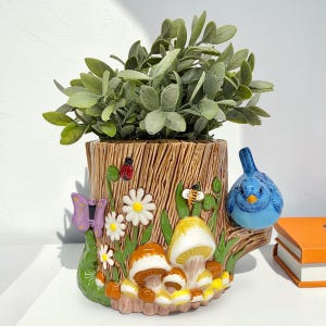 Vintage Tree Stump Planter Retro 1970s Bohemian + Woodland Theme + Mushrooms/Bird/Flowers + Ceramic + Hand Painted + Indoor Plant Display