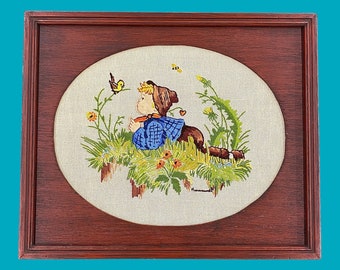 Vintage Hummel Crewel 1970s Retro Size 15x18 Farmhouse + Paragon Needlecraft + Boy with Bird + Handmade + Embroidery + Kids or Nursery Room