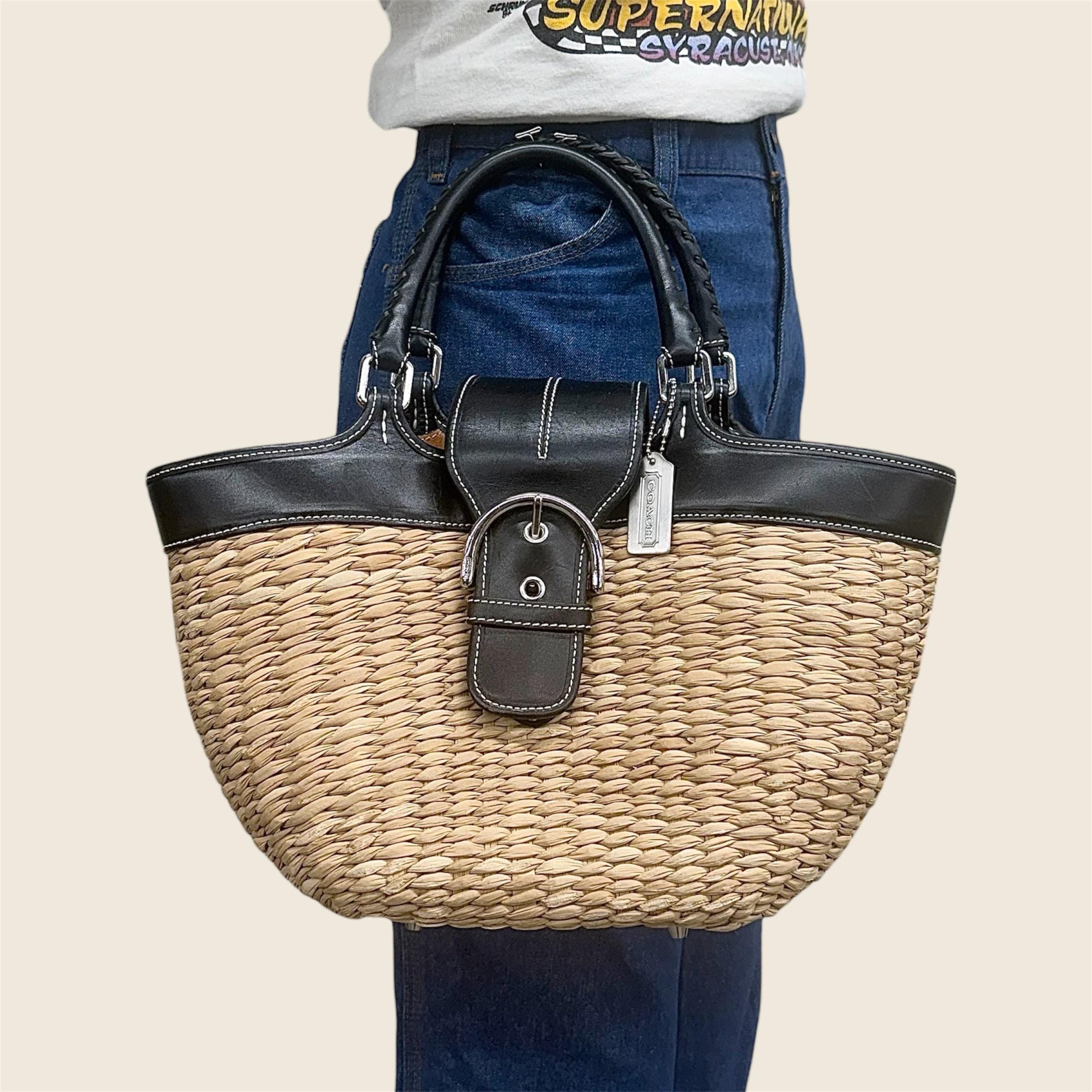 Vintage Coach Straw Basket Tote Bag Retro 2000s RARE + Y2K +