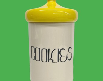 Vintage Cookie Jar Retro 1960s Mid Century Modern + Holiday Designs USA + Ceramic + White + Yellow + Kitchen Cookies + Storage Organization