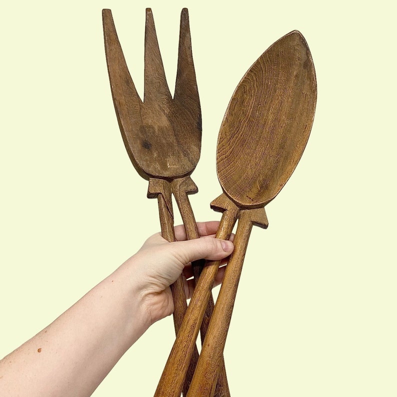 Vintage XL Fork and Spoon Wall Decor Retro 1960s Mid Century Modern African 30.5 H Brown Wood Hand Carved MCM Kitchen Oversized image 5