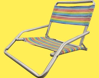 Vintage Beach Chair Retro 1980s Coastal + Rainbow Stripe Fabric + Aluminum Frame + Low Seat Height + Folds Up + Outdoor + Sand + Seating