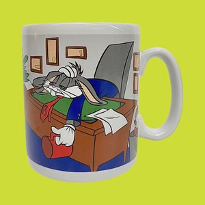Vintage Bugs Bunny Mug Retro 1990s XL Size Is The Coffee Ready Yet White Ceramic Looney Tunes Cartoon Warner Brothers Studio image 1