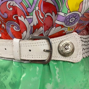 Vintage Moroccan Hip Belt Retro 1980s Bohemian NO SIZE White Leather Silver Metal Plate Woven Sides Handmade Womens Accessory image 6