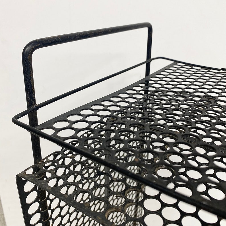 Vintage Richard Galef Phone Table Retro 1960s Mid Century Modern Black Metal Perforated Small Side Table MCM Furniture with Storage image 3