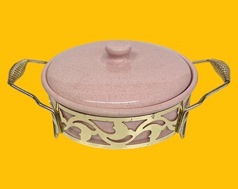 Vintage Bauer Covered Casserole with Holder Retro 1960s Mid Century Modern + Pink + Speckled + Ceramic + Gold Metal Frame + Kitchen + Cook