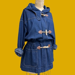 Vintage Toggle Jacket Retro 1980s Leslie Fay + Denim Jacket + Size Large + Lightweight + Chore Coat + Barn + Hooded + Womens Outerwear