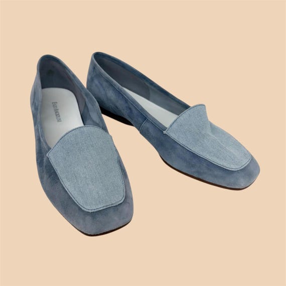 Vintage Denim and Suede Loafers 1990s Retro Womens Size 9M + Contemporary + Enzo Angiolini + Blue + Slip On's + Square Toe + Casual Footwear