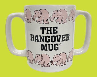 Vintage The Hangover Mug Retro 1980s Contempoary + Chadwick Miller + Pink Elephants + Double Handles + Ceramic + Kitchen + Drinking + Japan