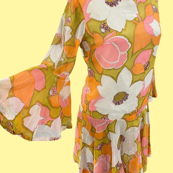 Vintage Floral Shift Dress Retro 1960s Mid Century Modern + No Size/Homemade + Drop Waist + Bell Sleeves + Pink Sequins + MCM Womens Fashion