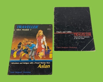 Vintage Traveller Role Playing Book Set Retro 1980s Game Designers Workshop + Set of 2 + Softback + Alien Module 1 Aslan + Charts and Tables