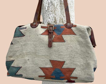 Vintage Kilim Overnight Bag Retro 1990s J & M Davidson + Southwestern + Wool + Leather + Travel Luggage + Bohemian + Made in England