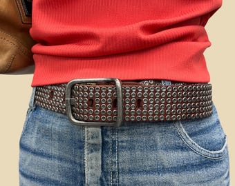 Vintage Studded Leather Belt 1990s Retro Womens + No Size Tag + Biker/Rocker + Reddish-Brown + Silver Studs + Adjustable Waist + Accessory