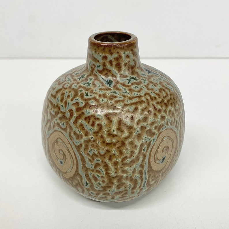 Vintage Bud Vase Retro 1960s Mid Century Modern Small Ceramic Stoneware Japanese Brown and Green Spiral Design MCM Home Decor image 4