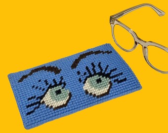 Vintage Eyeglass Case Retro 1980s Contemporary + Handmade + Wool + Large Eyes Design + Plastic Frame + Sunglass Storage + Womens Accessory