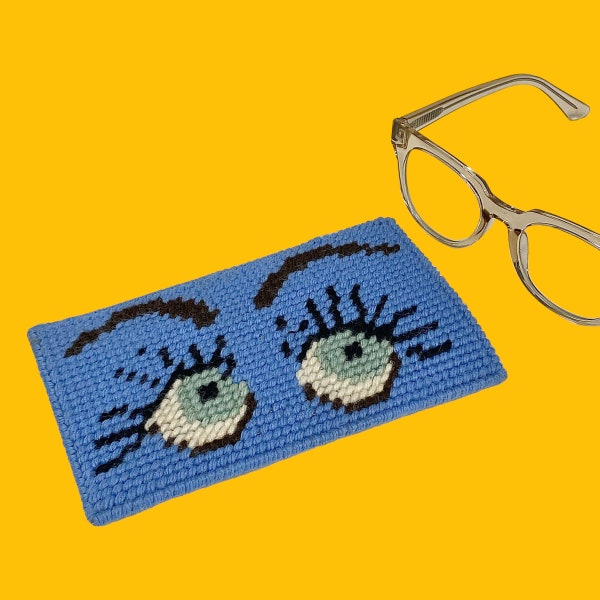 Vintage Eyeglass Case Retro 1980s Contemporary + Handmade + Wool + Large Eyes Design + Plastic Frame + Sunglass Storage + Womens Accessory