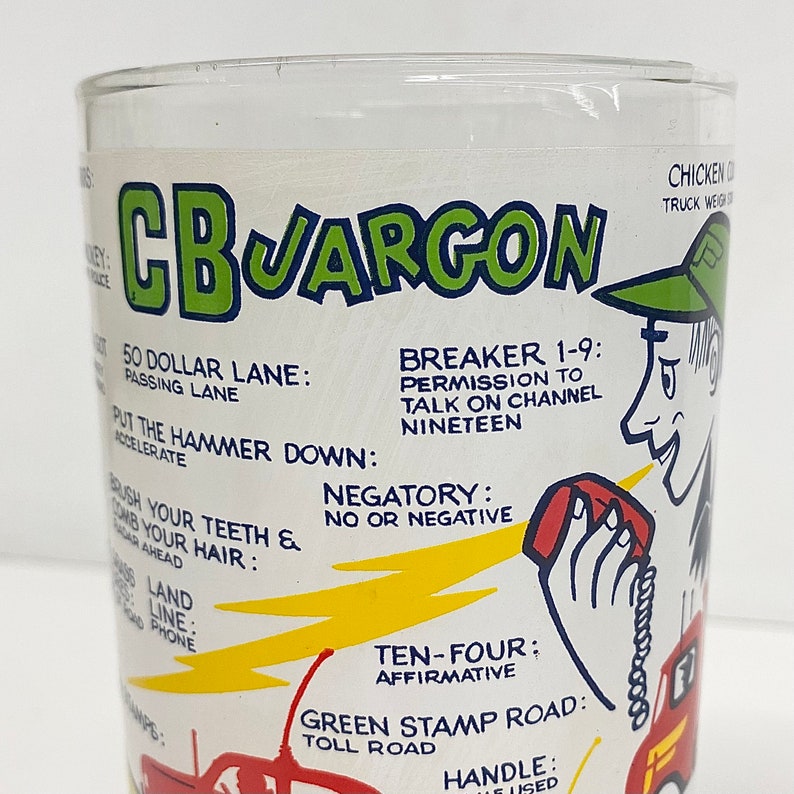 Vintage CB Jargon Pint Glass Retro 1970s Mid Century Modern Glass XL Size Barware Drinking On The Road Lingo Novelty Kitchen image 3