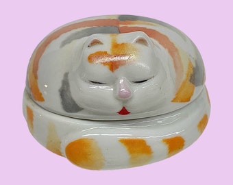 Vintage Cat Covered Ring Dish Retro 1980s Contemporary + By R.O.C + Ceramic + White + Orange + Tabby + Animal Home Decor + Storage + Taiwan