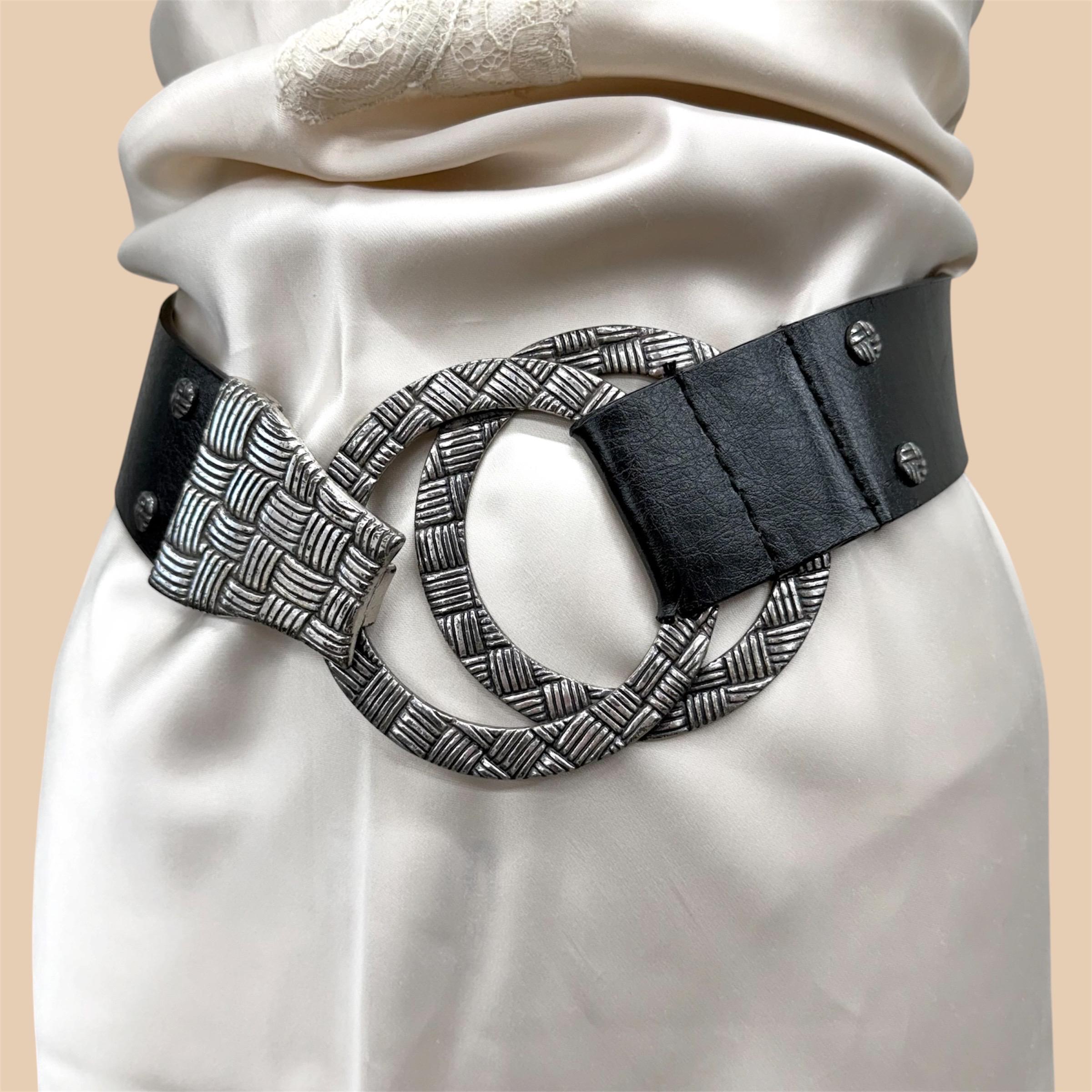 CHICO\'S Leather & Silver Hook Buckle Belt Womens M/L Black Adjustable Statement Chicos Black Leather Adjustable Belt | Boho Silver Ring Buckle main image 3