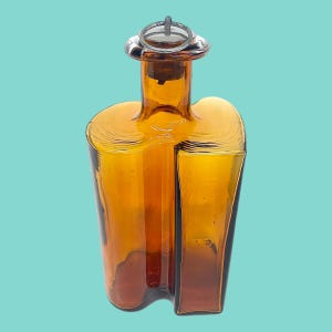 Vintage Holmegaard Decanter Retro 1970s Mid Century Modern + Handblown Amber Glass + Abstract + Silver Metal/Cork Stopper + Liquor Bottle