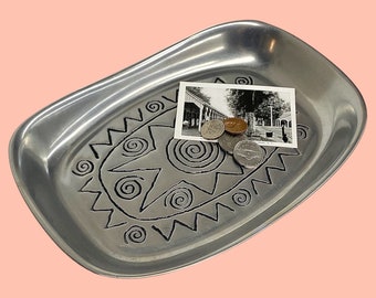 Vintage Wilton Tray Retro 1990s Contemporary + Armetale Reggae + Silver Metal + Etched Design + Catchall + Ring Dish + Modern Home Decor