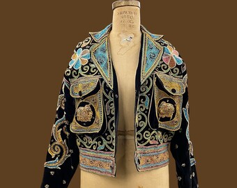 Vintage Burmese Kalaga Jacket Retro 1970s Bohemian + NO SIZE TAG + Rico International + Womens Fashion + Black + Embroidered + Tapestry