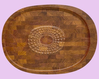 Vintage Digsmed Denmark Teak Wood Tray Retro 1960s Mid Century Modern + Charcuterie + Meat Carving Board + Inlaid Design + Oval + Kitchen