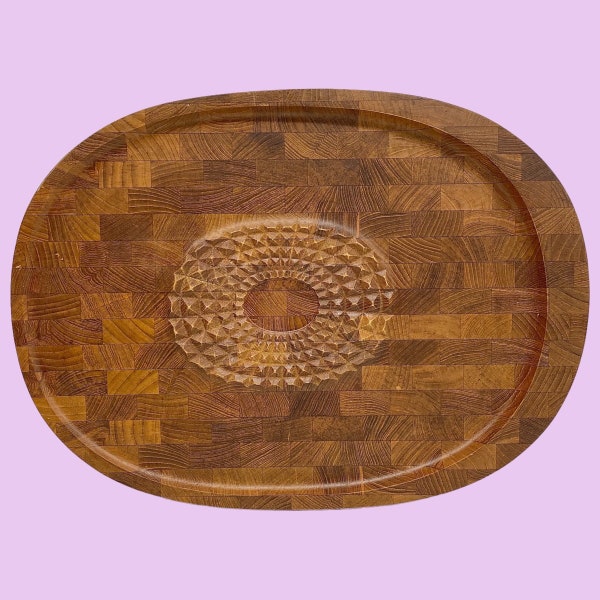 Vintage Digsmed Denmark Teak Wood Tray Retro 1960s Mid Century Modern + Charcuterie + Meat Carving Board + Inlaid Design + Oval + Kitchen