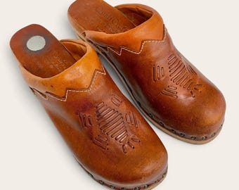 Vintage QualiCraft Clogs 1970s Retro Womens Size 6B + Bohemian + Brown Leather + Embossed Design + 2" Wooden Heels + Slip-On