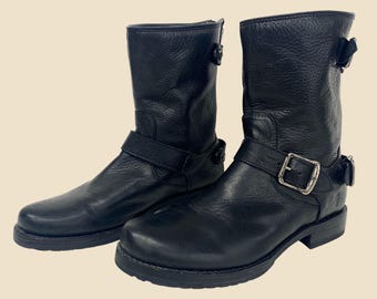 Vintage Frye Biker Boots 2000s Retro Womens Size 7B + Veronica + Back Zip + Black Leather + Multi-Buckle + 1.25" Heel + Motorcycle Style