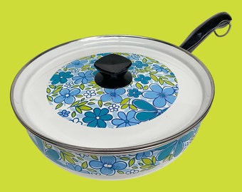 Vintage Enamel Pan with Lid Retro 1970s Mid Century Modern + Blue Flower Design + MCM Kitchen + Cooking + Stovetop