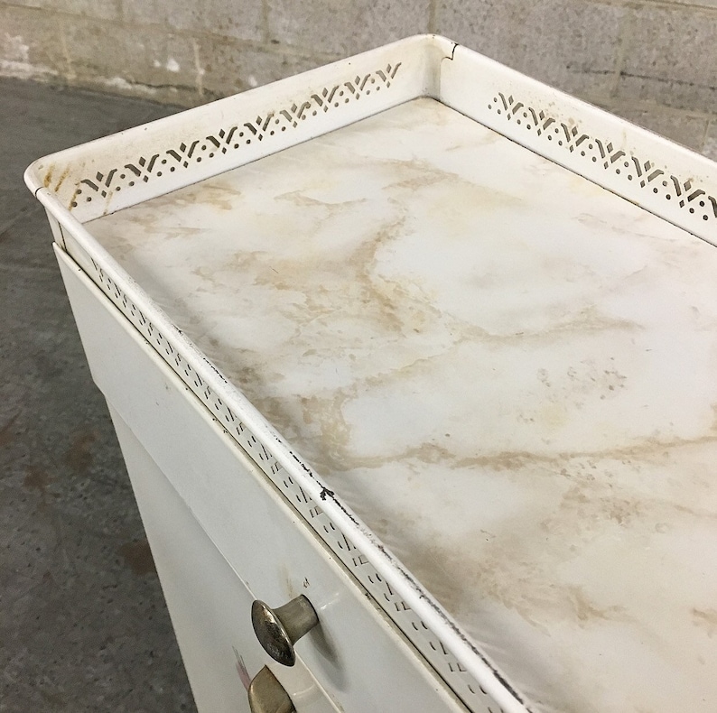Faux Marble Top Mid Century Bedroom Home Decor Painted Floral Details Vintage Hamper Retro 1960s White Metal Clothes Hamper by Detecto
