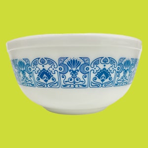 Vintage Pyrex Bowl Retro 1960s Mid Century Modern Horizon Blue 403 2.5 Quart White Ceramic Blue Pattern MCM Kitchen Serving Bild 1