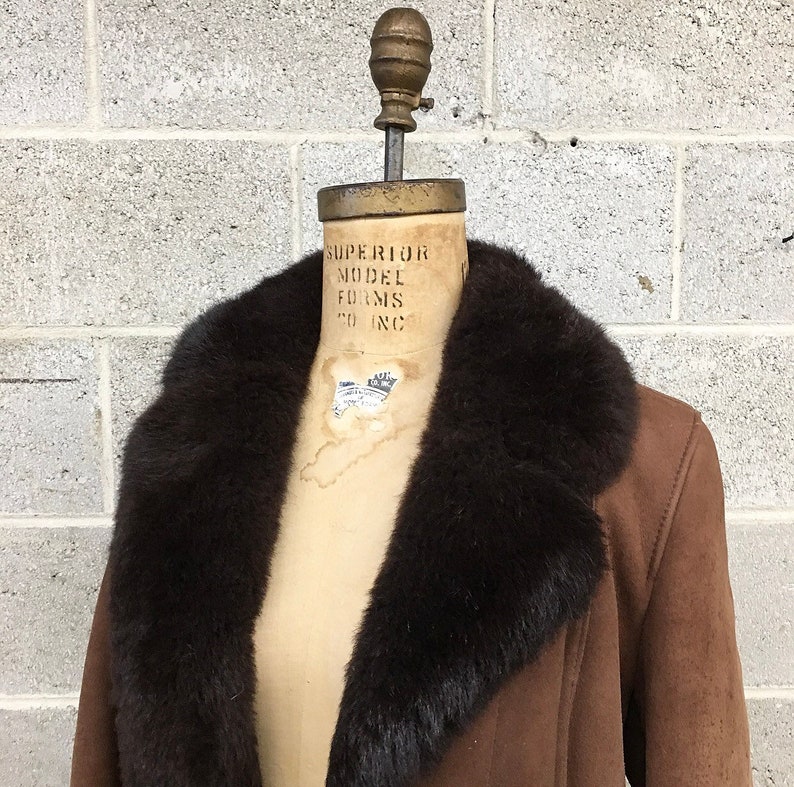 Tie Front Vintage Coat Retro 1970s Penny Lane Made In Spain Almost Famous Faux Fur Women/'s Apparel Cold Weather Suede